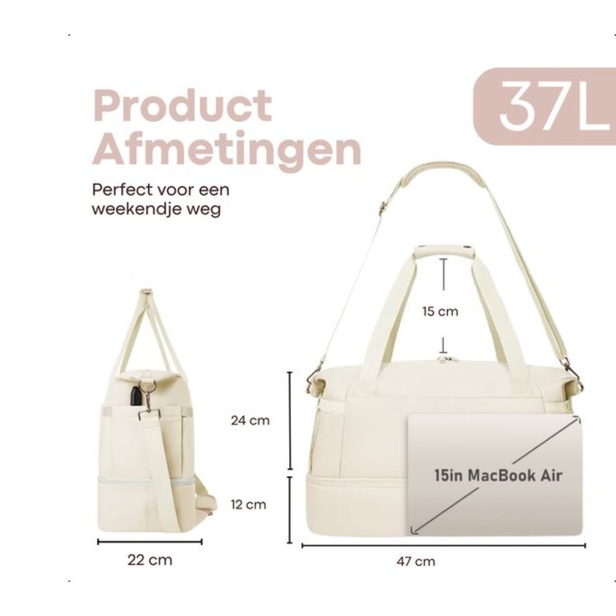 Kioto Reistas - Weekendtas Dames - 37L - Vliegtuig Handbagage - Duffel Bag - Travel Bag - Smart sleeve voor op Koffer - Waterafstotend - Weekendtassen & Reistassen - Beige