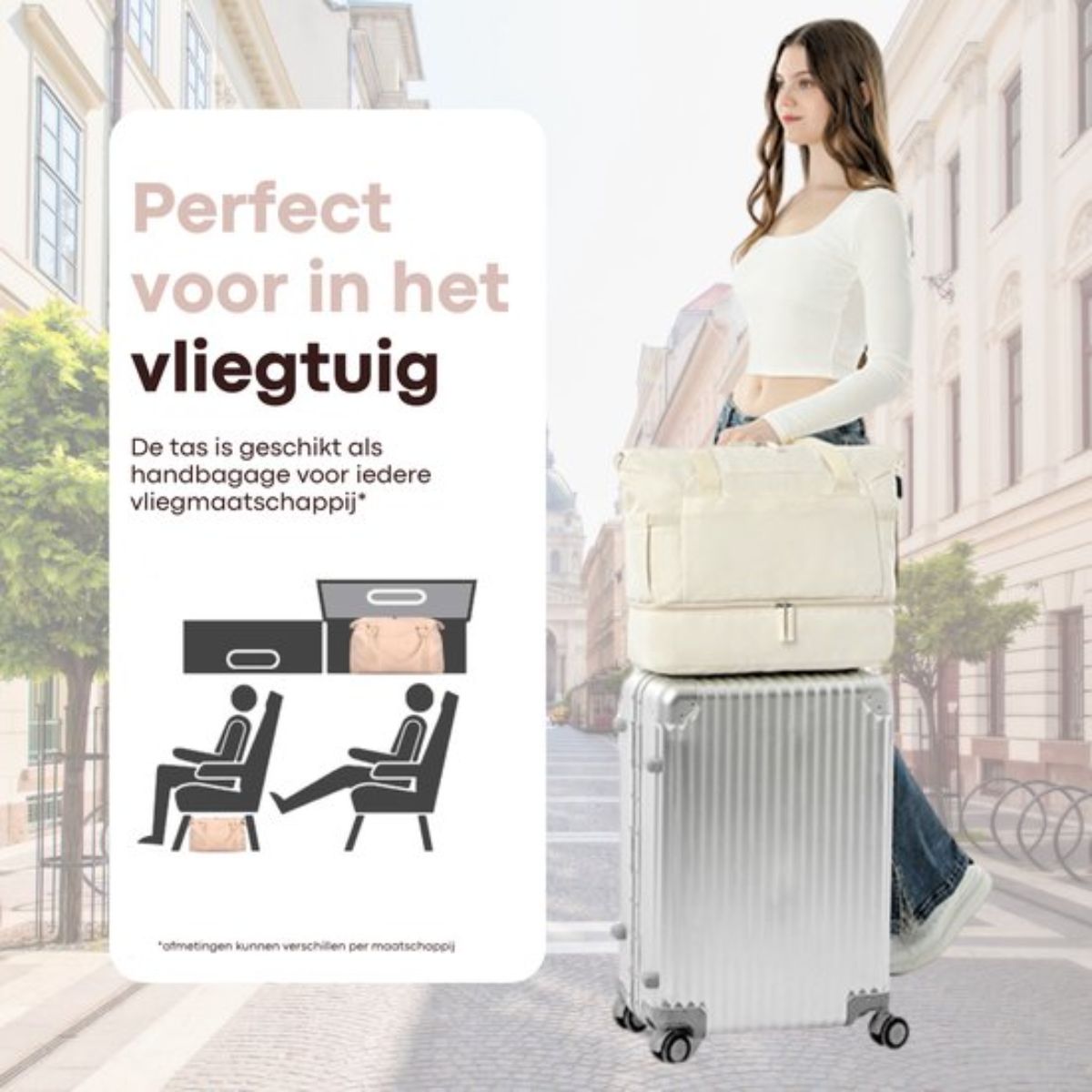 Kioto Reistas - Weekendtas Dames - 37L - Vliegtuig Handbagage - Duffel Bag - Travel Bag - Smart sleeve voor op Koffer - Waterafstotend - Weekendtassen & Reistassen - Beige