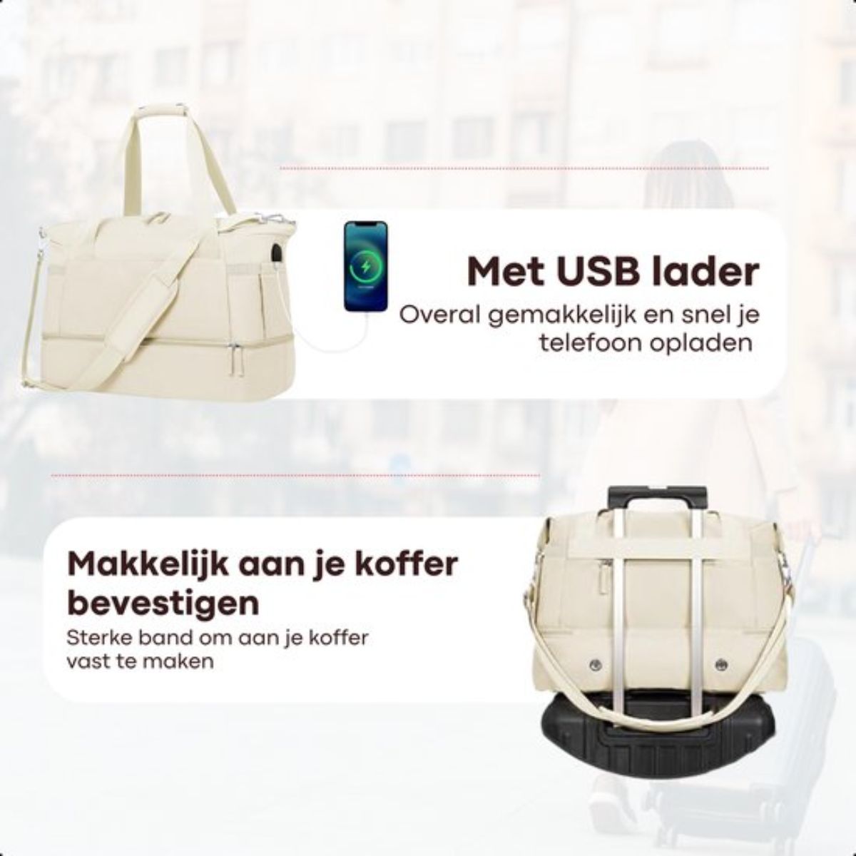 Kioto Reistas - Weekendtas Dames - 37L - Vliegtuig Handbagage - Duffel Bag - Travel Bag - Smart sleeve voor op Koffer - Waterafstotend - Weekendtassen & Reistassen - Beige
