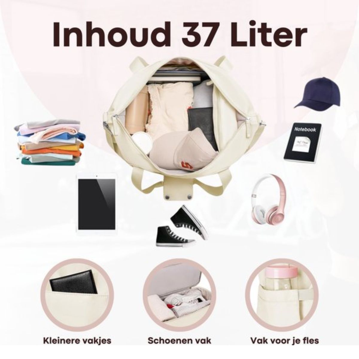 Kioto Reistas - Weekendtas Dames - 37L - Vliegtuig Handbagage - Duffel Bag - Travel Bag - Smart sleeve voor op Koffer - Waterafstotend - Weekendtassen & Reistassen - Beige