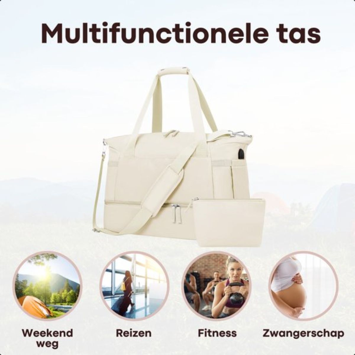 Kioto Reistas - Weekendtas Dames - 37L - Vliegtuig Handbagage - Duffel Bag - Travel Bag - Smart sleeve voor op Koffer - Waterafstotend - Weekendtassen & Reistassen - Beige
