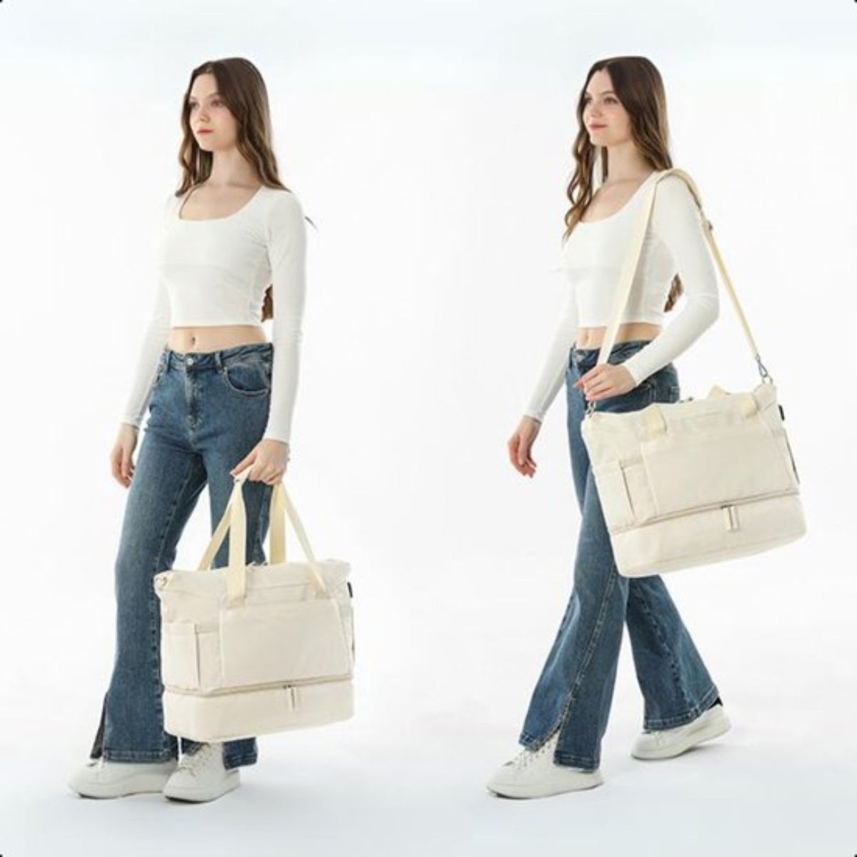 Kioto Reistas - Weekendtas Dames - 37L - Vliegtuig Handbagage - Duffel Bag - Travel Bag - Smart sleeve voor op Koffer - Waterafstotend - Weekendtassen & Reistassen - Beige