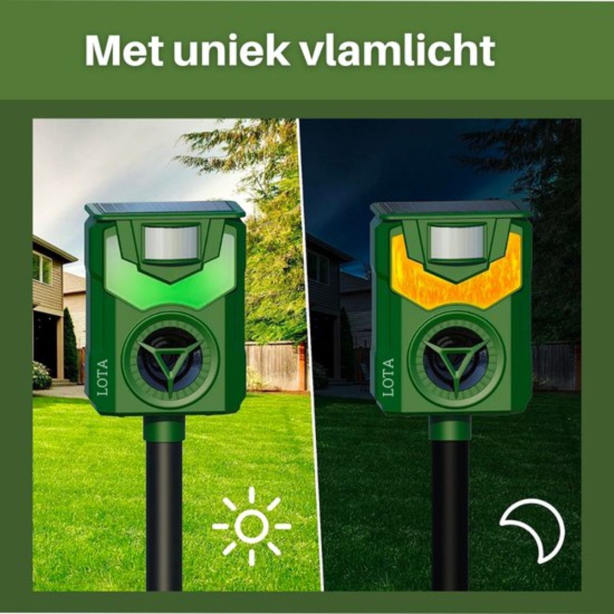 Kattenverjager op Zonne-Energie - Dierenverjager - Marterverjager - Muizenverjager - 110 graden - Uniek Vlamlicht - Waterdicht - Weerbestendig - Groen