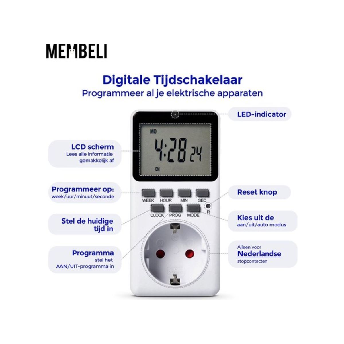 Membeli Tijdschakelaar voor Binnen - Schakelklok Stopcontact - Type F - Digitaal - Timer Schakelaar - LCD Display - Tijdschakelklok