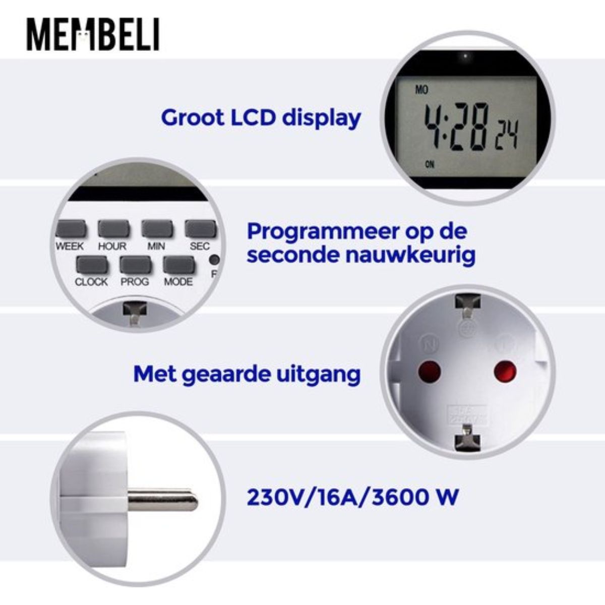 Membeli Tijdschakelaar voor Binnen - Schakelklok Stopcontact - Type F - Digitaal - Timer Schakelaar - LCD Display - Tijdschakelklok
