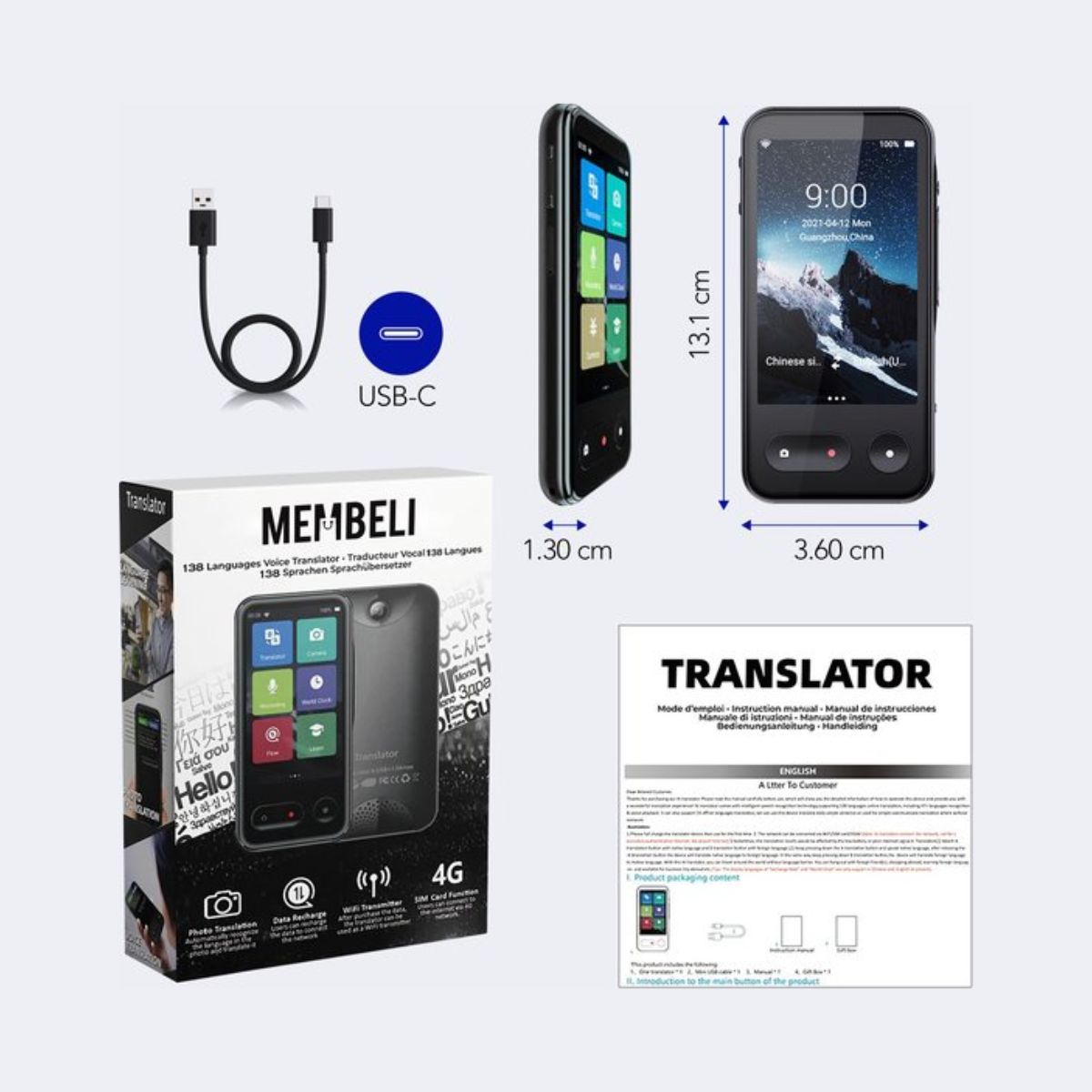 Membeli Vertaalcomputer - met Simkaart - Offline - Muama Enence - Vertaal Apparaat - 4 inch Touchscreen - 135+ Talen - Zwart