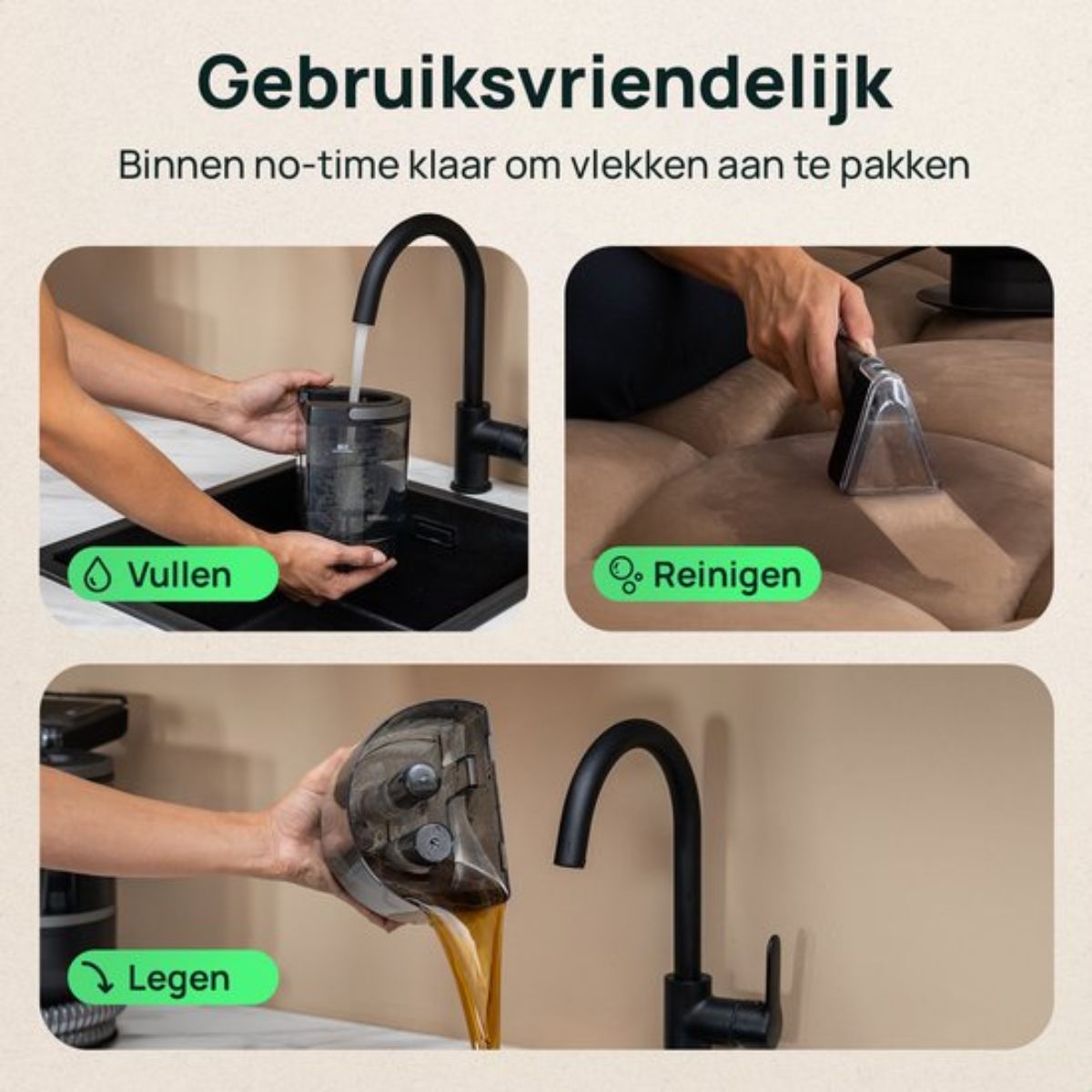 Compacte Tapijtreiniger met Heet water - Verwarmbaar tot 60°C - Vlekkenreiniger - 4 Opzetstukken - 1200 Watt - Bankreiniger machine