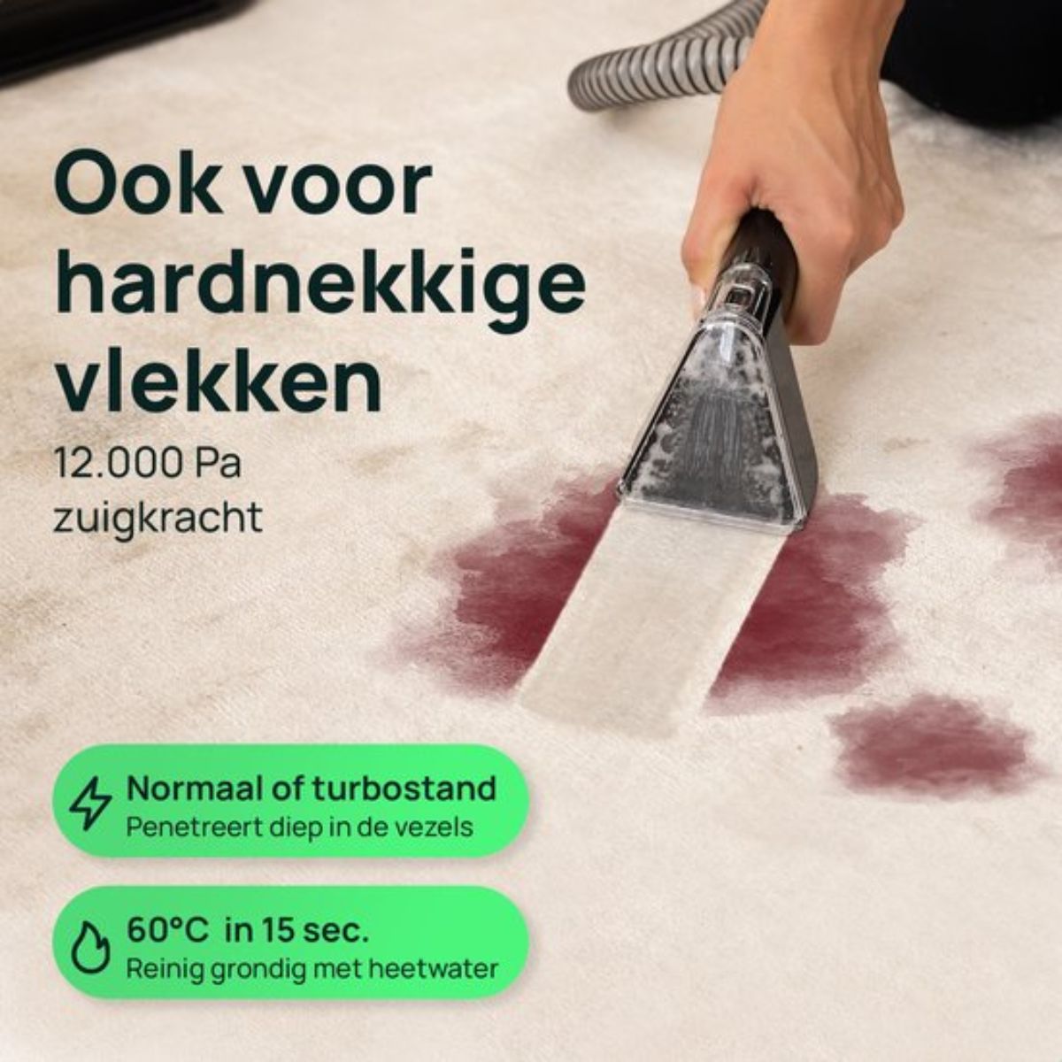 Compacte Tapijtreiniger met Heet water - Verwarmbaar tot 60°C - Vlekkenreiniger - 4 Opzetstukken - 1200 Watt - Bankreiniger machine