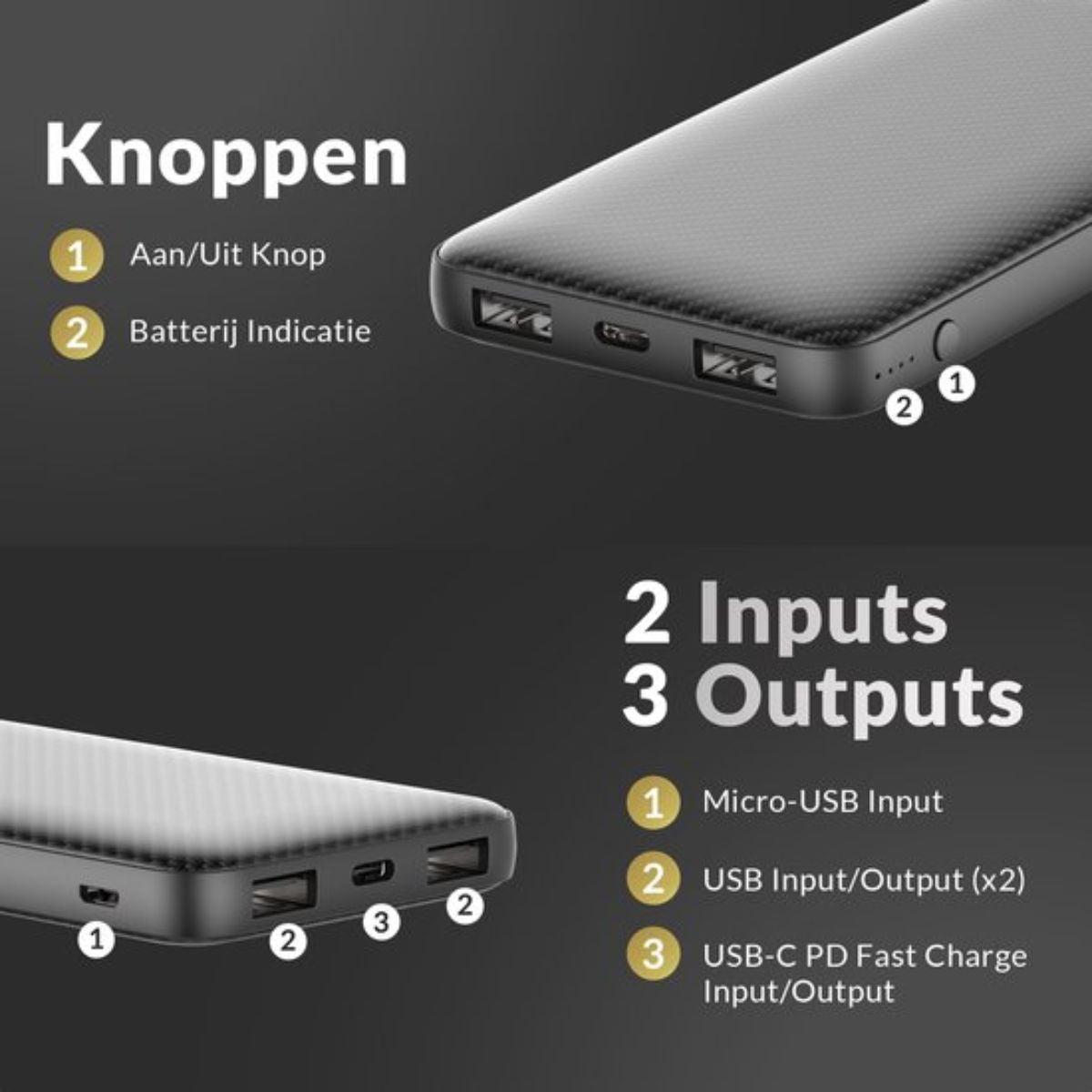 Surge Powerbank 10.000mAh - 3 apparaten tegelijk opladen - Geschikt voor iPhone en Samsung - Met USB-C aansluiting - Zwart