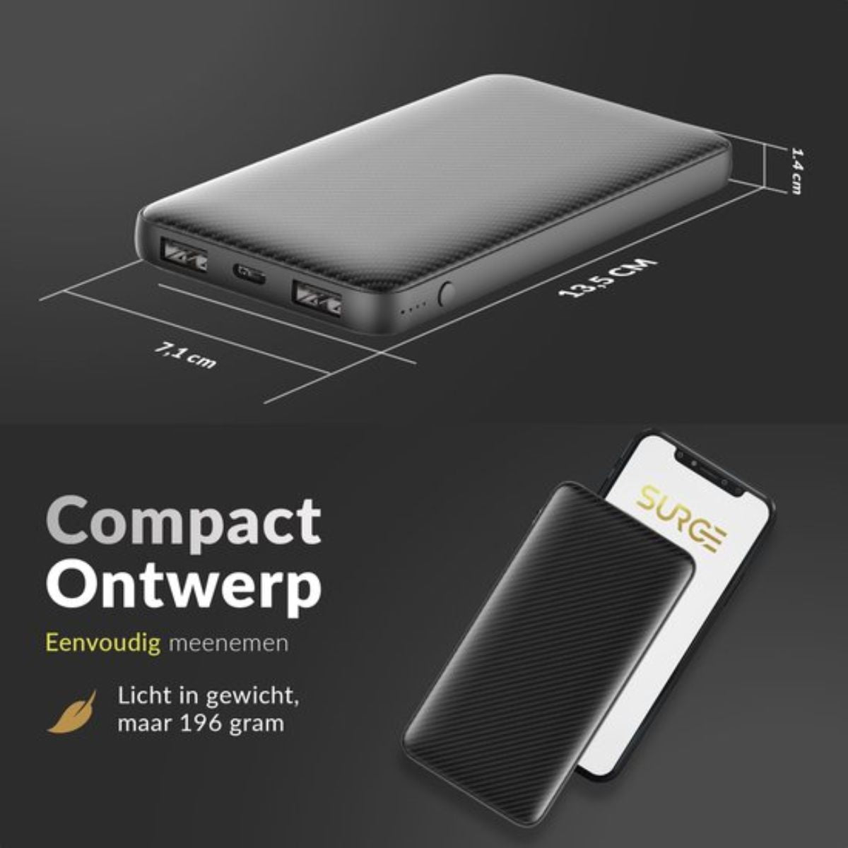 Surge Powerbank 20.000mAh - 3 apparaten tegelijk opladen - Geschikt voor iPhone en Samsung - Met USB-C aansluiting - Zwart