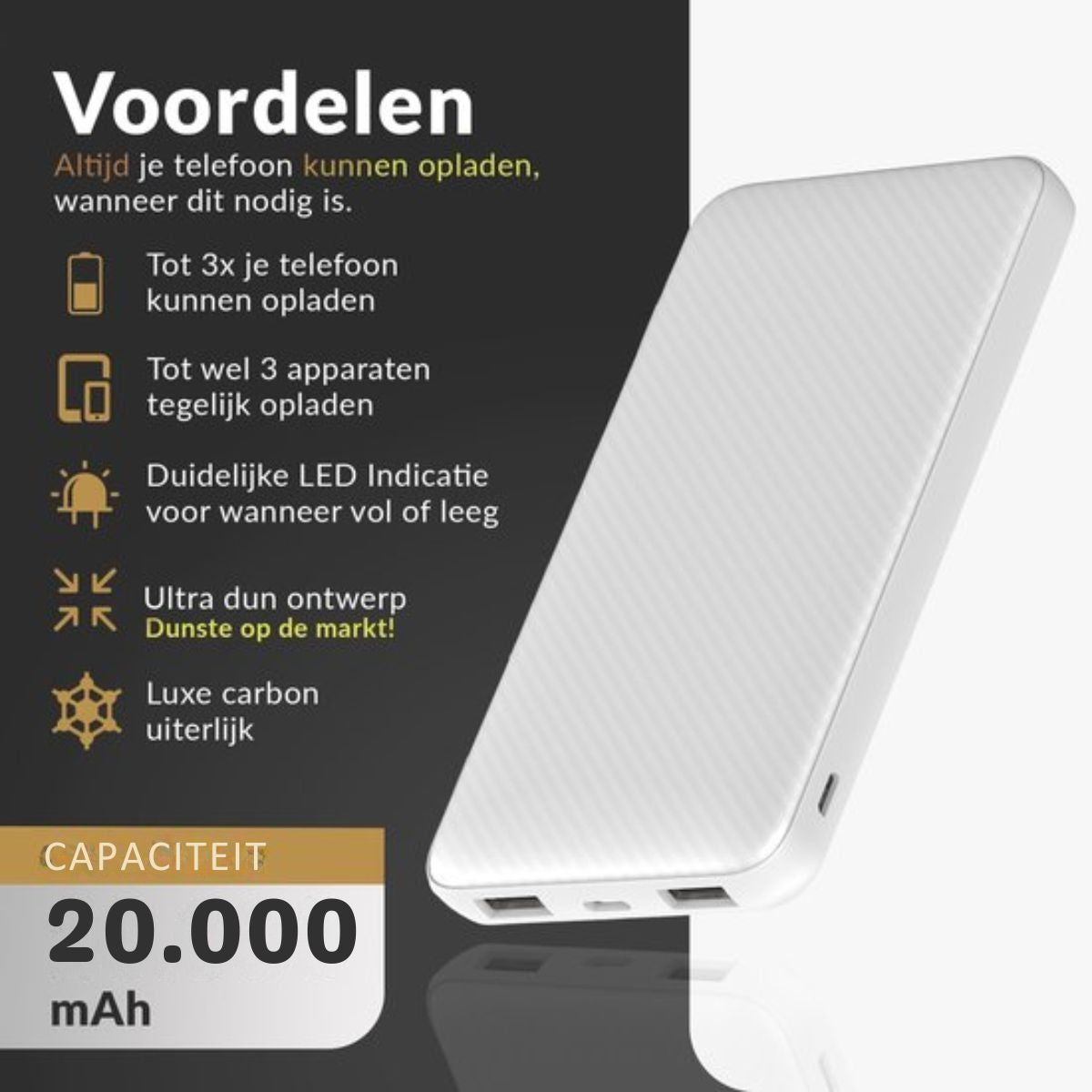 Surge Powerbank 20.000mAh - 3 apparaten tegelijk opladen - Geschikt voor iPhone en Samsung - Met USB-C aansluiting - Wit