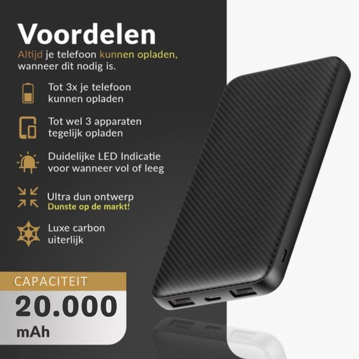 Surge Powerbank 20.000mAh - 3 apparaten tegelijk opladen - Geschikt voor iPhone en Samsung - Met USB-C aansluiting - Zwart