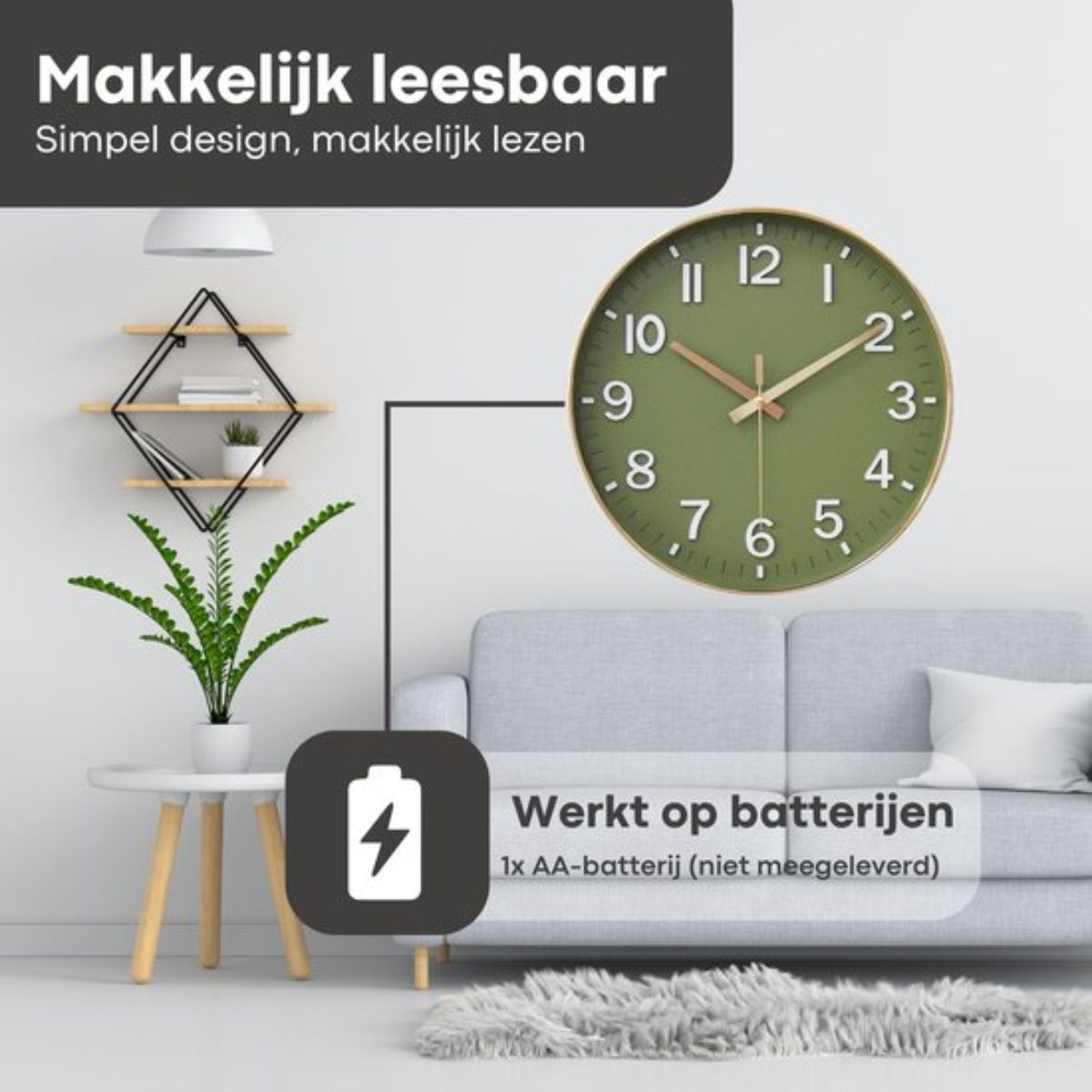 Tyme Wandklok - 30cm Klok modern - Analoog - Stil Uurwerk - Muurklok - Quartz - Groen Goud