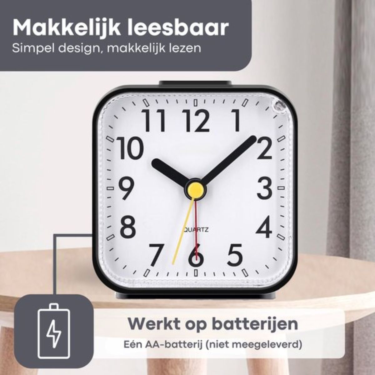 Tyme Wekker Analoog - Zonder Tikgeluid - Met Alarm - Incl. Verlichting - Kinderen tot Senioren - voor Slaapkamer - Vierkant - Zwart