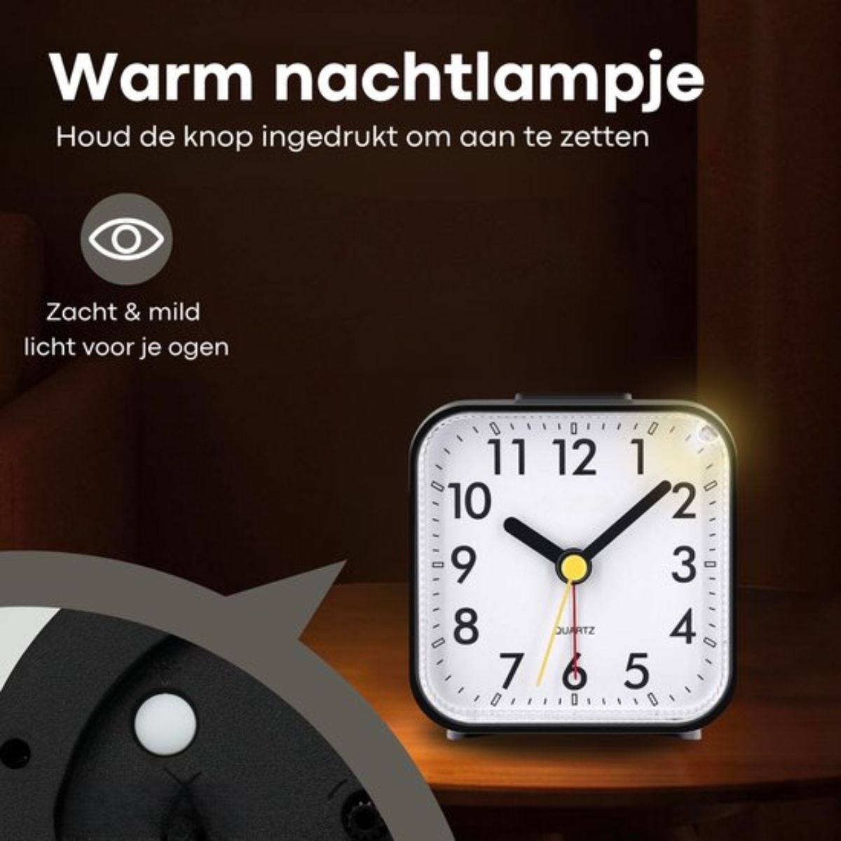 Tyme Wekker Analoog - Zonder Tikgeluid - Met Alarm - Incl. Verlichting - Kinderen tot Senioren - voor Slaapkamer - Vierkant - Zwart