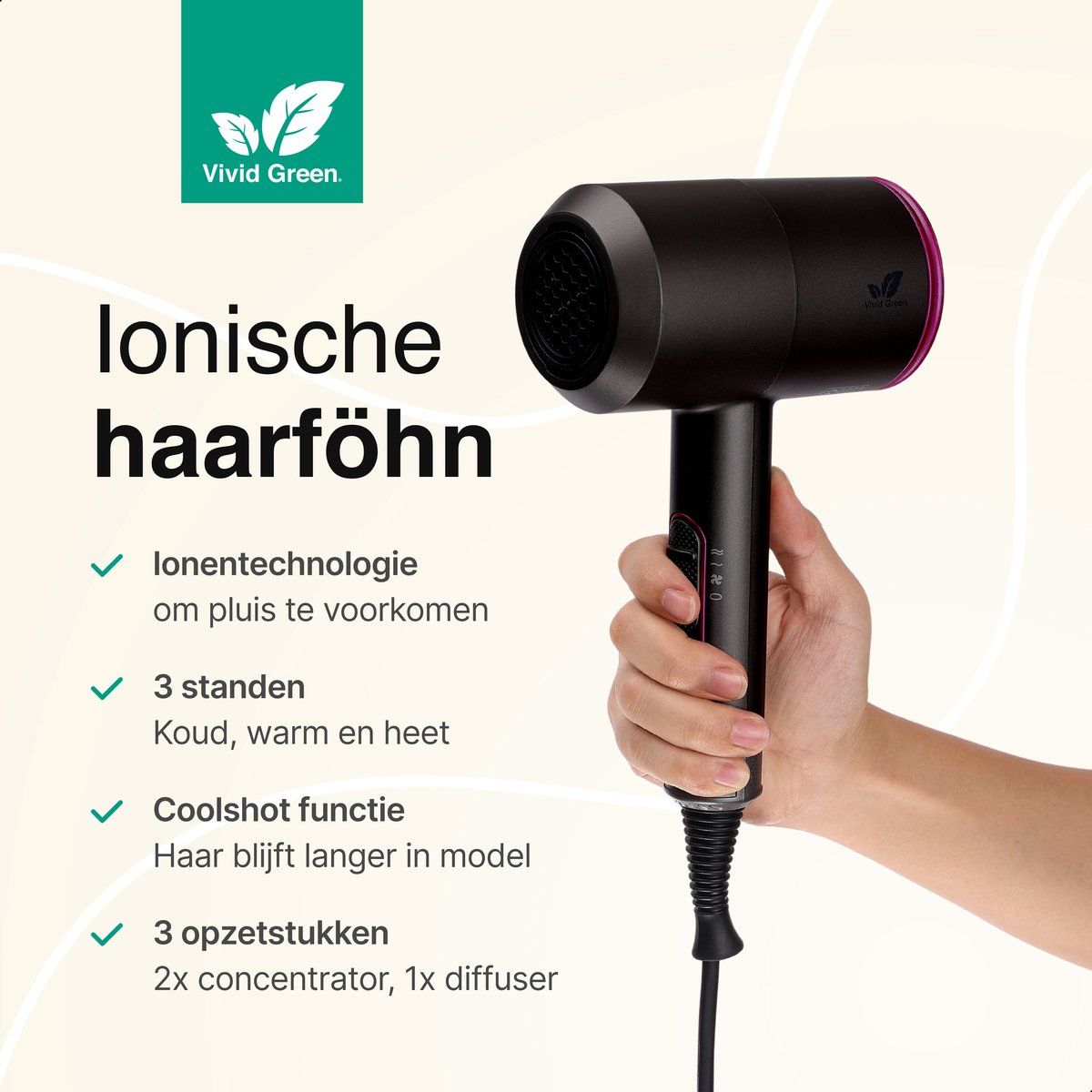 Ionische Fohn Met Diffuser - Haarfohn - Haardroger - 3 standen - Zwart