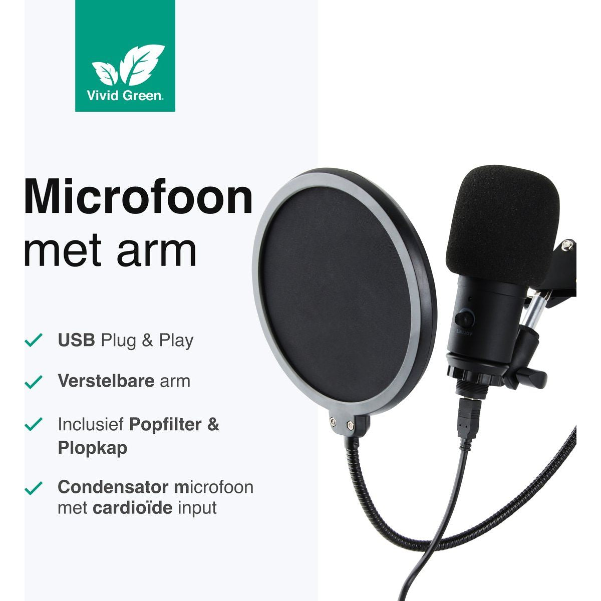 Microfoon met arm - USB - Plug & Play - Incl. Popfilter en Plopkap