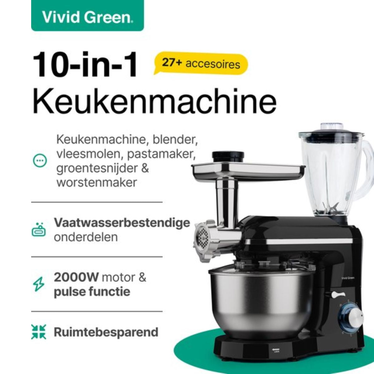 Keukenmachine multifunctioneel 2000W – Keukenmixer met RVS Mengkom – Incl. 15 Accessoires – Incl. Gehaktmolen en Blender 6.2L – Zwart