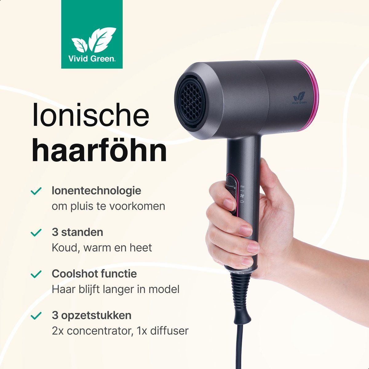 Ionische Fohn Met Diffuser - Haarfohn - Haardroger - 3 standen - Donkergrijs