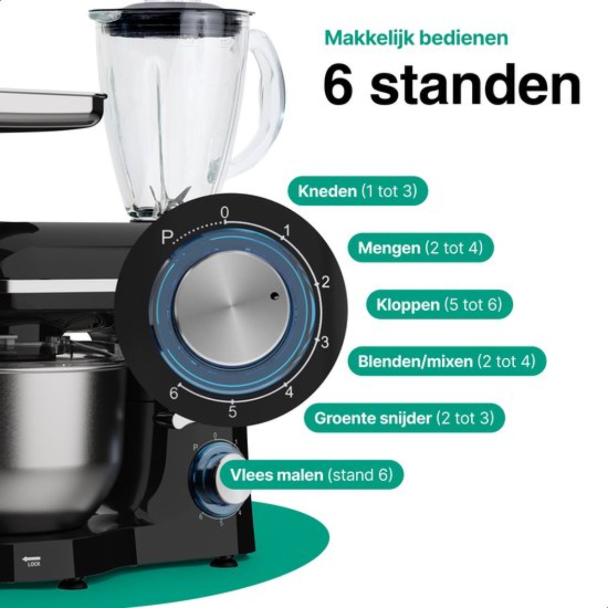 Keukenmachine multifunctioneel 2000W – Keukenmixer met RVS Mengkom – Incl. 15 Accessoires – Incl. Gehaktmolen en Blender 6.2L – Zwart