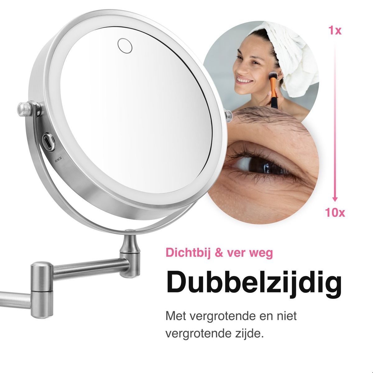 Make Up Spiegel met LED Verlichting - Rond - Scheerspiegel - 10X vergroting - 15 CM Ø - Chroom