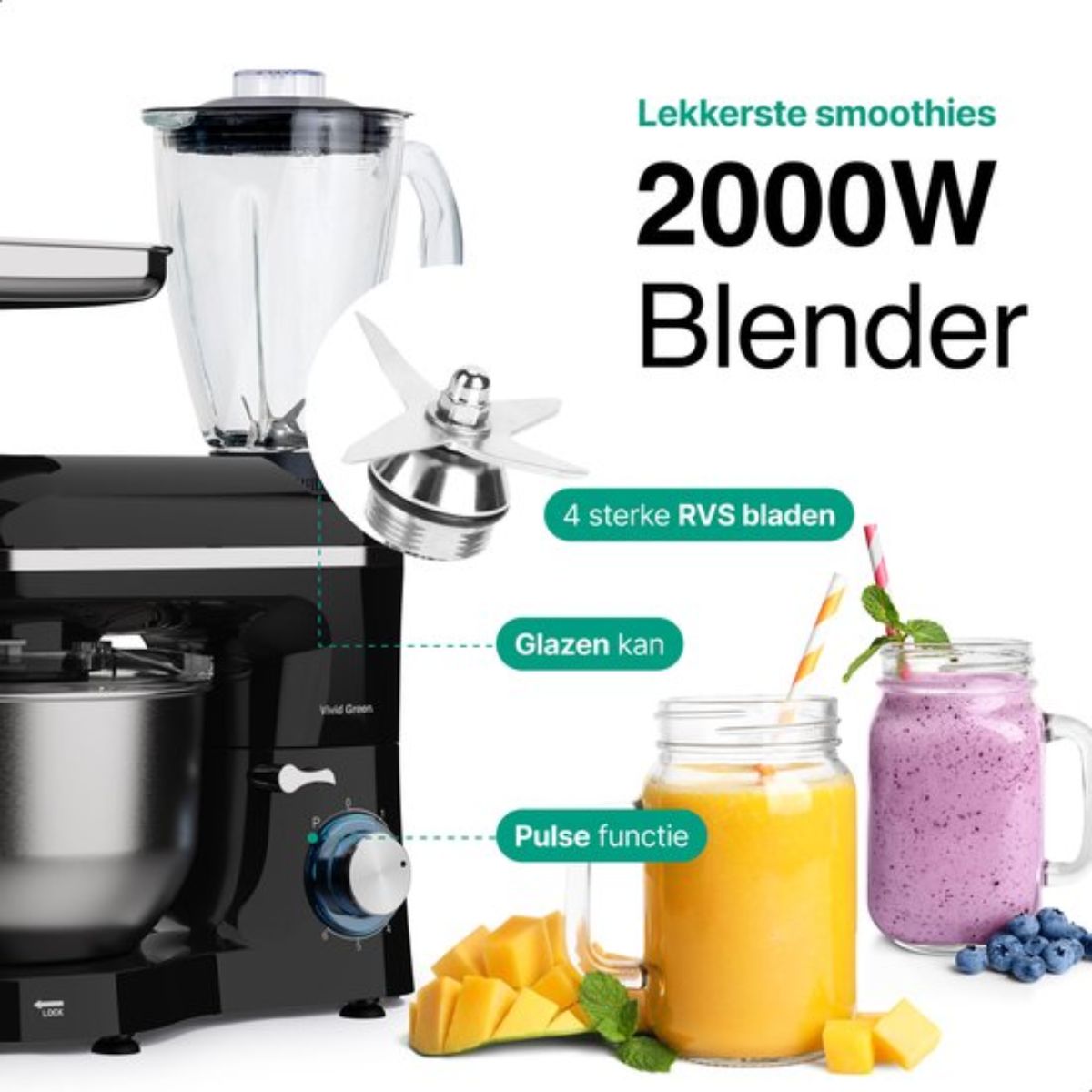 Keukenmachine multifunctioneel 2000W – Keukenmixer met RVS Mengkom – Incl. 15 Accessoires – Incl. Gehaktmolen en Blender 6.2L – Zwart