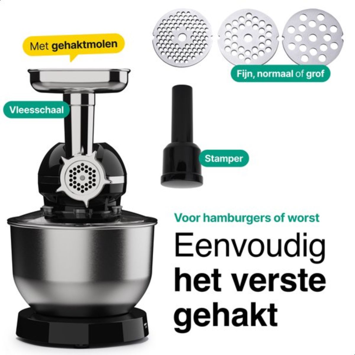 Keukenmachine multifunctioneel 2000W – Keukenmixer met RVS Mengkom – Incl. 15 Accessoires – Incl. Gehaktmolen en Blender 6.2L – Zwart