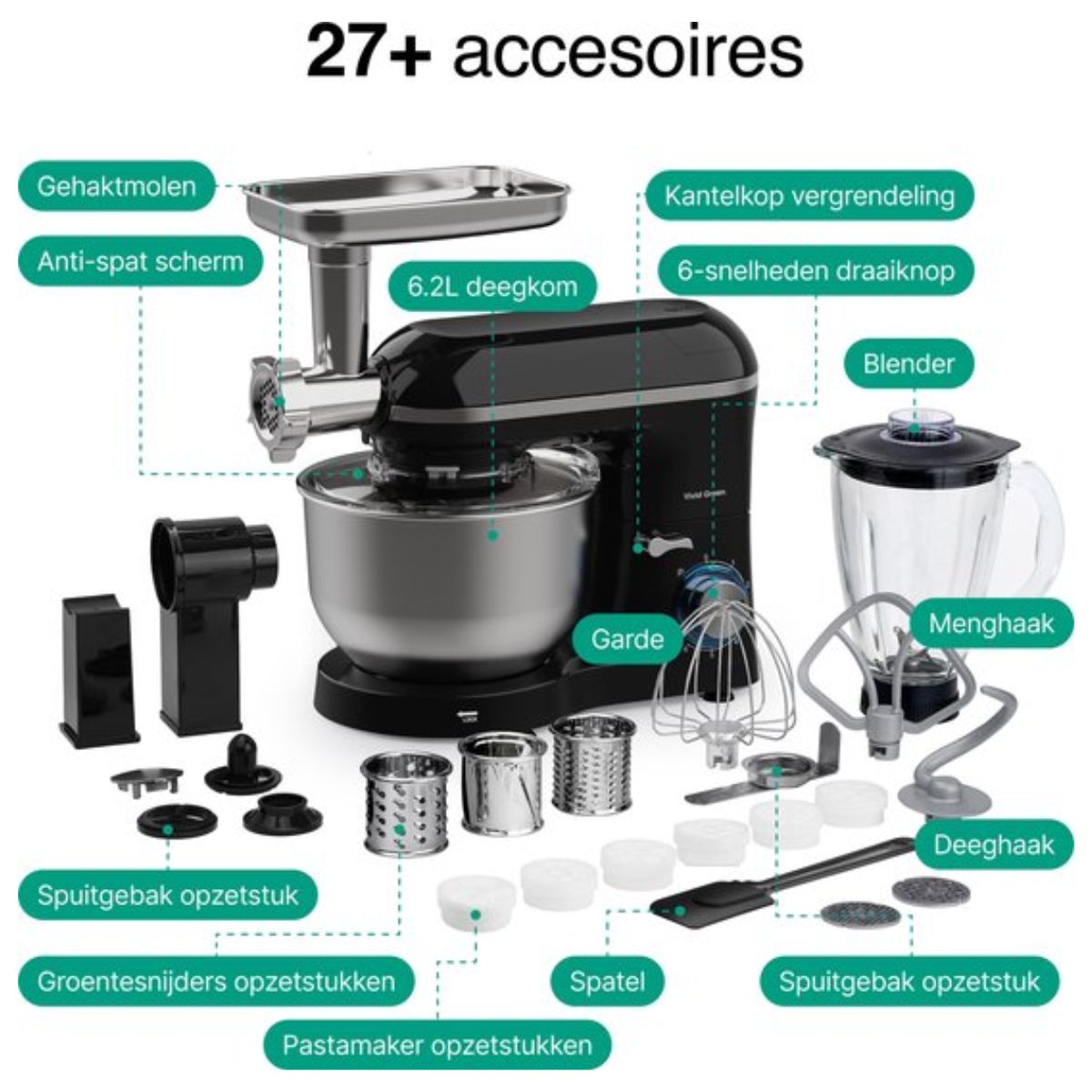 Keukenmachine multifunctioneel 2000W – Keukenmixer met RVS Mengkom – Incl. 15 Accessoires – Incl. Gehaktmolen en Blender 6.2L – Zwart