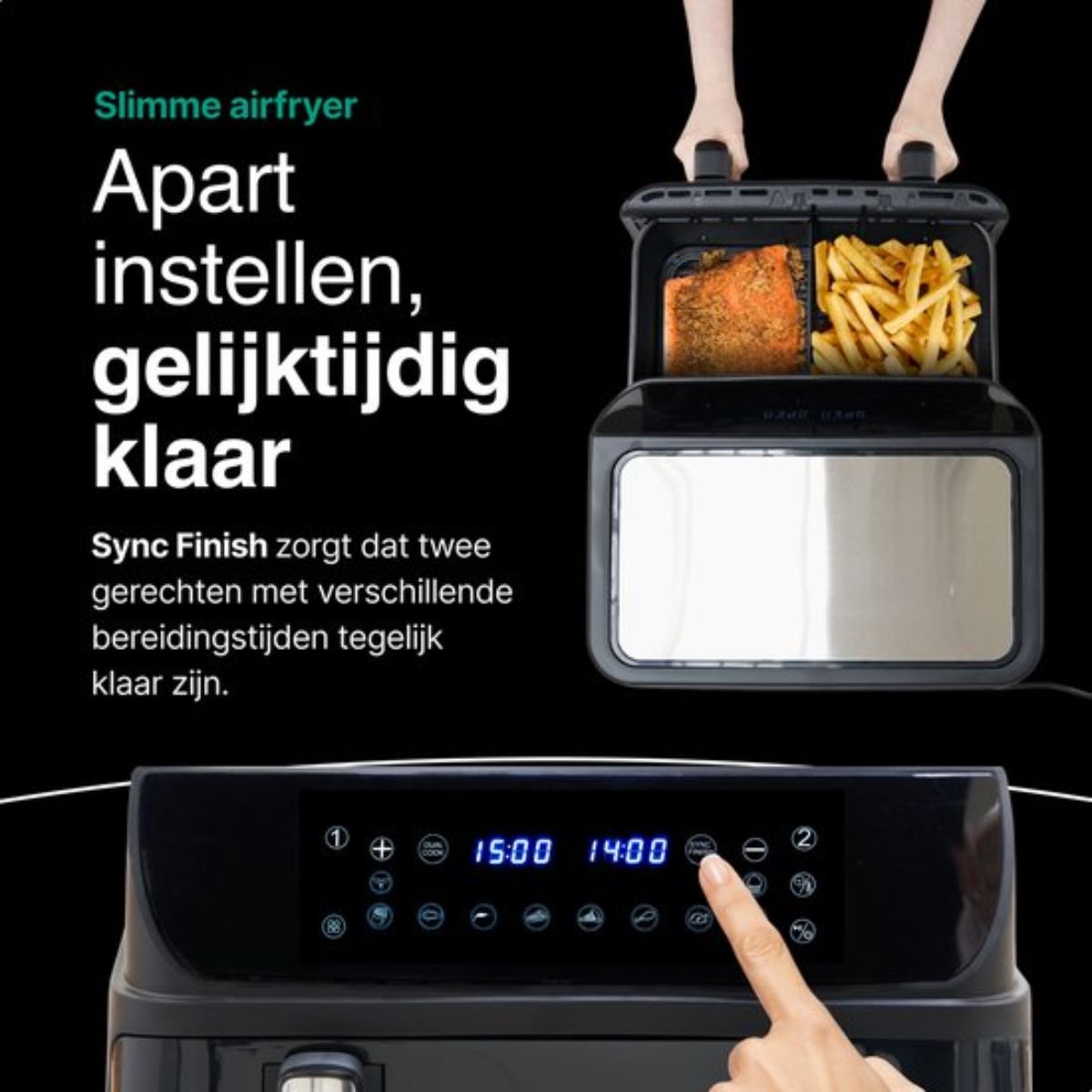 Dubbele Airfryer XXL - 10L inhoud - 2400W -10 bakprogramma's - Incl. Bakpapier - 2 Lades - Dubbele Mand - Dual Zone Technologie - Heteluchtfriteuse