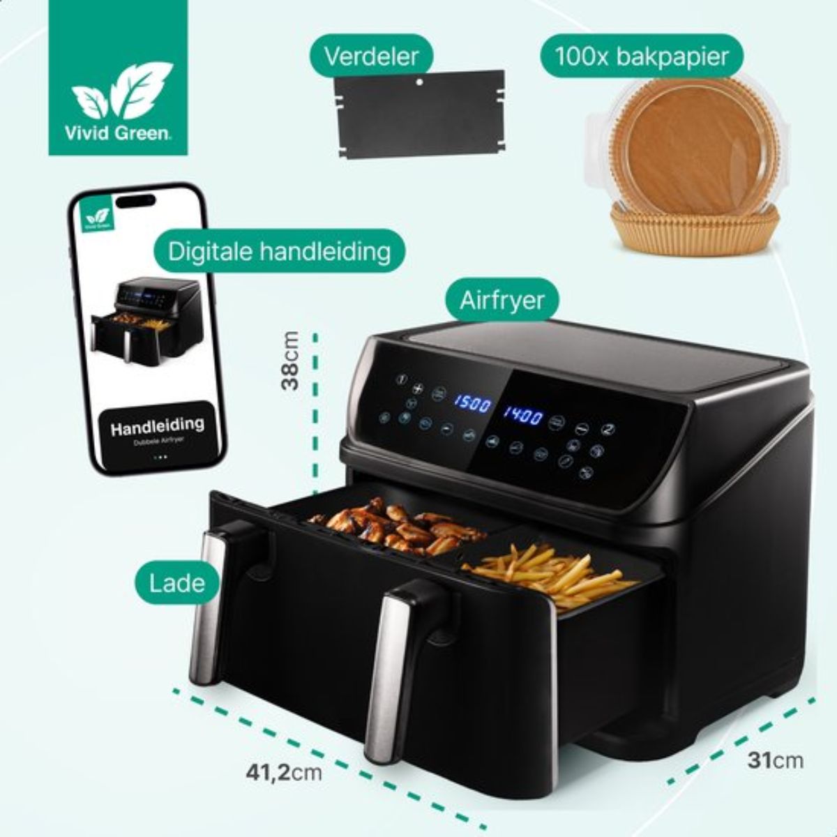 Dubbele Airfryer XXL - 10L inhoud - 2400W -10 bakprogramma's - Incl. Bakpapier - 2 Lades - Dubbele Mand - Dual Zone Technologie - Heteluchtfriteuse