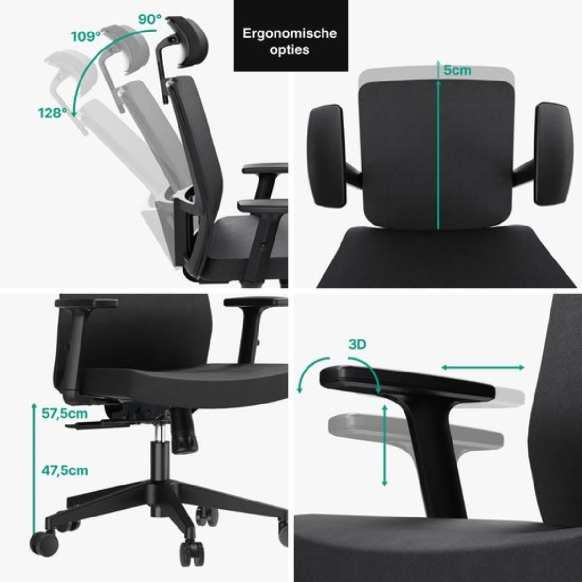 Ergonomische Bureaustoel - Bureaustoel voor Volwassenen - Office Chair - Gamingstoel - Hoofdsteun - Zwart