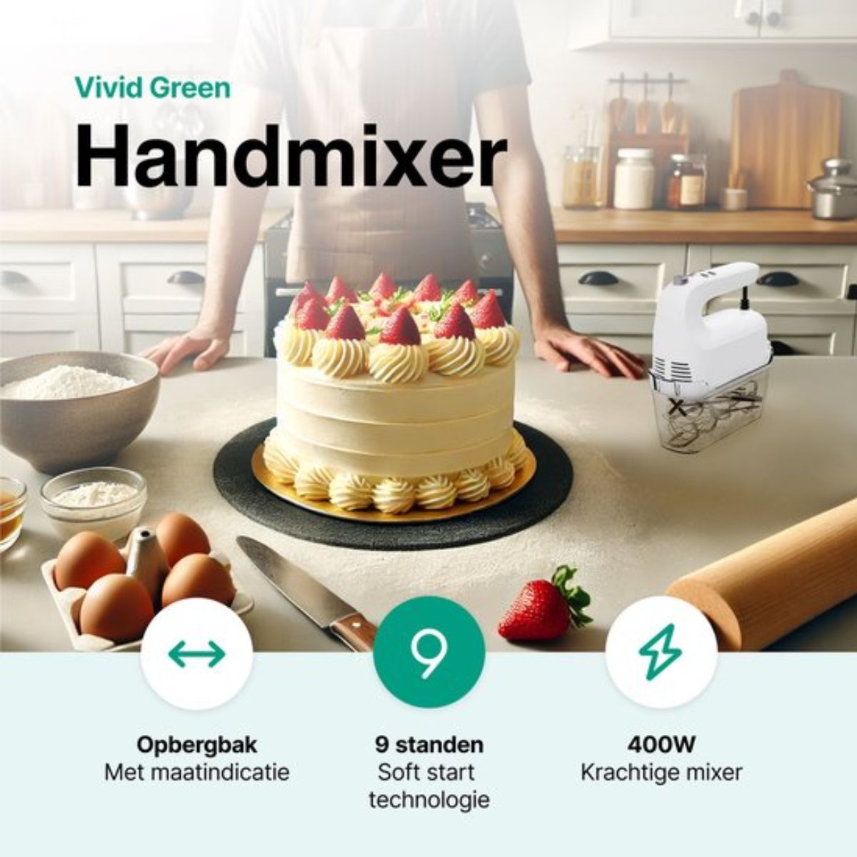 Handmixer 400W - 9 snelheden - Turbofunctie - Opberghouder - Deeghaken - Wit