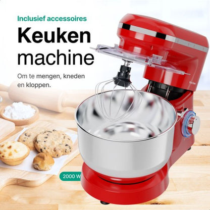 Keukenmachine 2000W – Rood – 6.2L RVS Mengkom – Vivid Green – Met Garde, Deeghaak & Menghaak – 6 Snelheden