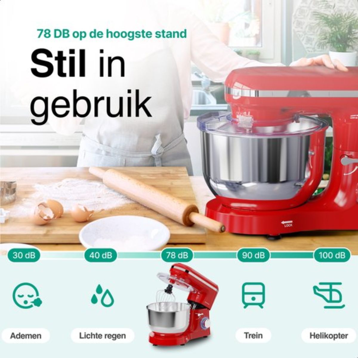 Keukenmachine 2000W – Rood – 6.2L RVS Mengkom – Vivid Green – Met Garde, Deeghaak & Menghaak – 6 Snelheden