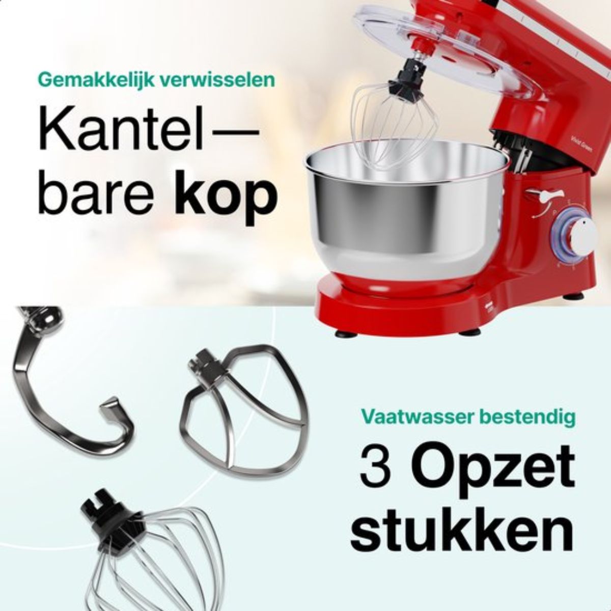 Keukenmachine 2000W – Rood – 6.2L RVS Mengkom – Vivid Green – Met Garde, Deeghaak & Menghaak – 6 Snelheden