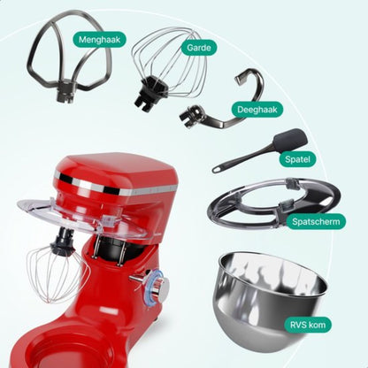 Keukenmachine 2000W – Rood – 6.2L RVS Mengkom – Vivid Green – Met Garde, Deeghaak & Menghaak – 6 Snelheden