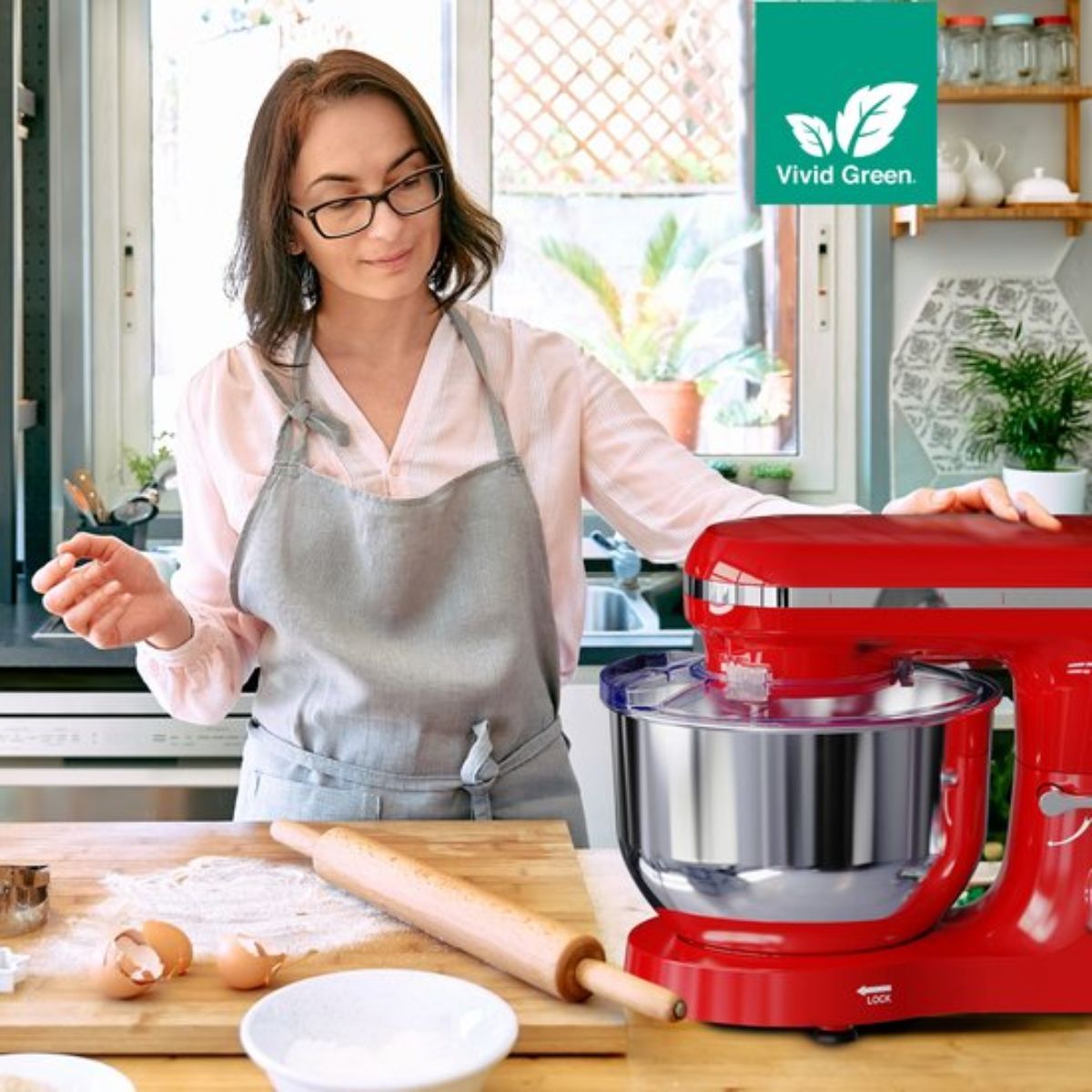 Keukenmachine 2000W – Rood – 6.2L RVS Mengkom – Vivid Green – Met Garde, Deeghaak & Menghaak – 6 Snelheden