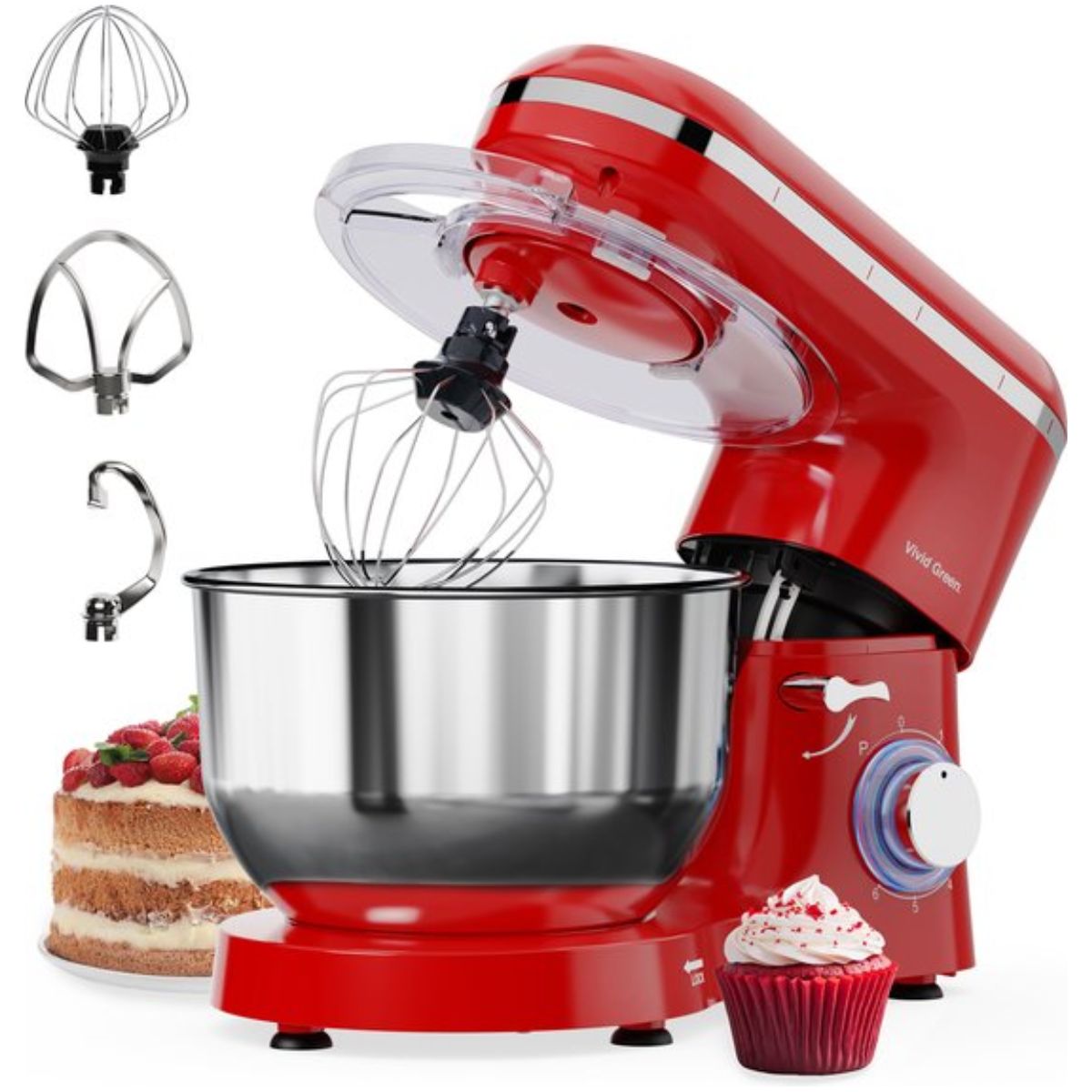 Keukenmachine 2000W – Rood – 6.2L RVS Mengkom – Vivid Green – Met Garde, Deeghaak & Menghaak – 6 Snelheden