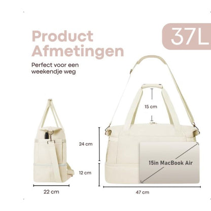 Kioto Reistas - Weekendtas Dames - 37L - Vliegtuig Handbagage - Duffel Bag - Travel Bag - Smart sleeve voor op Koffer - Waterafstotend - Weekendtassen & Reistassen - Beige