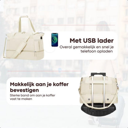 Kioto Reistas - Weekendtas Dames - 37L - Vliegtuig Handbagage - Duffel Bag - Travel Bag - Smart sleeve voor op Koffer - Waterafstotend - Weekendtassen & Reistassen - Beige