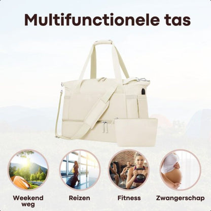 Kioto Reistas - Weekendtas Dames - 37L - Vliegtuig Handbagage - Duffel Bag - Travel Bag - Smart sleeve voor op Koffer - Waterafstotend - Weekendtassen & Reistassen - Beige