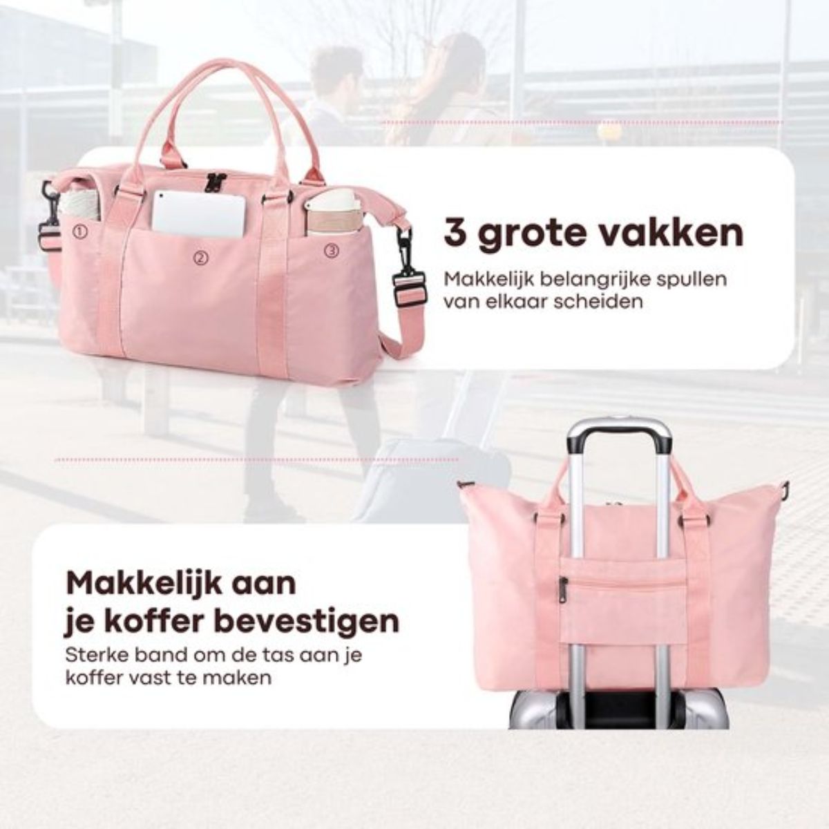 Kioto Reistas - Weekendtas Dames - 37L - Vliegtuig Handbagage - Duffel Bag - Travel Bag - Smart sleeve voor op Koffer - Waterafstotend - Weekendtassen & Reistassen - Roze