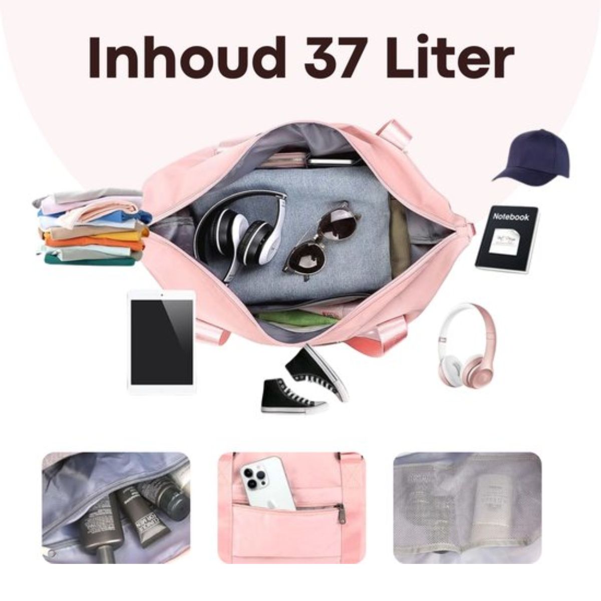 Kioto Reistas - Weekendtas Dames - 37L - Vliegtuig Handbagage - Duffel Bag - Travel Bag - Smart sleeve voor op Koffer - Waterafstotend - Weekendtassen & Reistassen - Roze