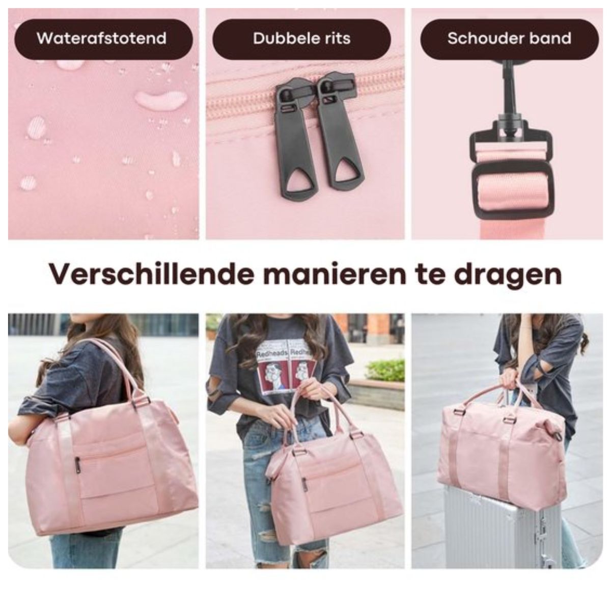 Kioto Reistas - Weekendtas Dames - 37L - Vliegtuig Handbagage - Duffel Bag - Travel Bag - Smart sleeve voor op Koffer - Waterafstotend - Weekendtassen & Reistassen - Roze