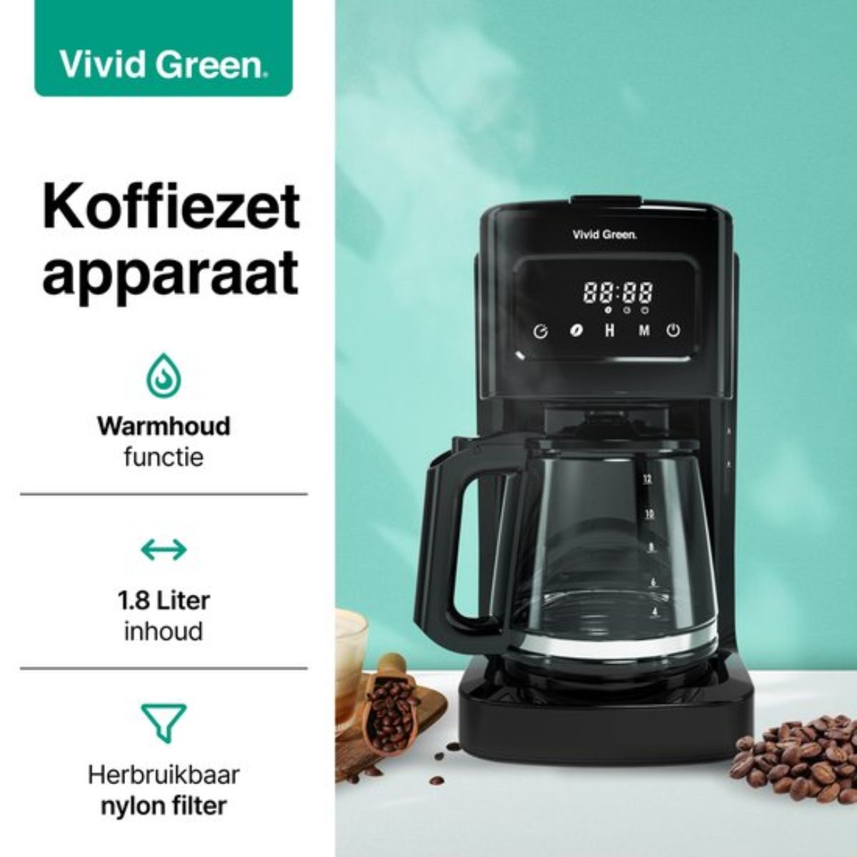 Koffiezetapparaat Filterkoffie 1.8L met Touch Display - 12 Koppen - Zwart