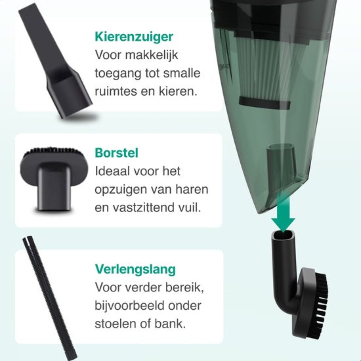 Kruimeldief Met Lamp- 100W - 5 Opzetstukken - Snoerloos - Kruimelzuiger - Handstofzuiger - Zwart/Grijs