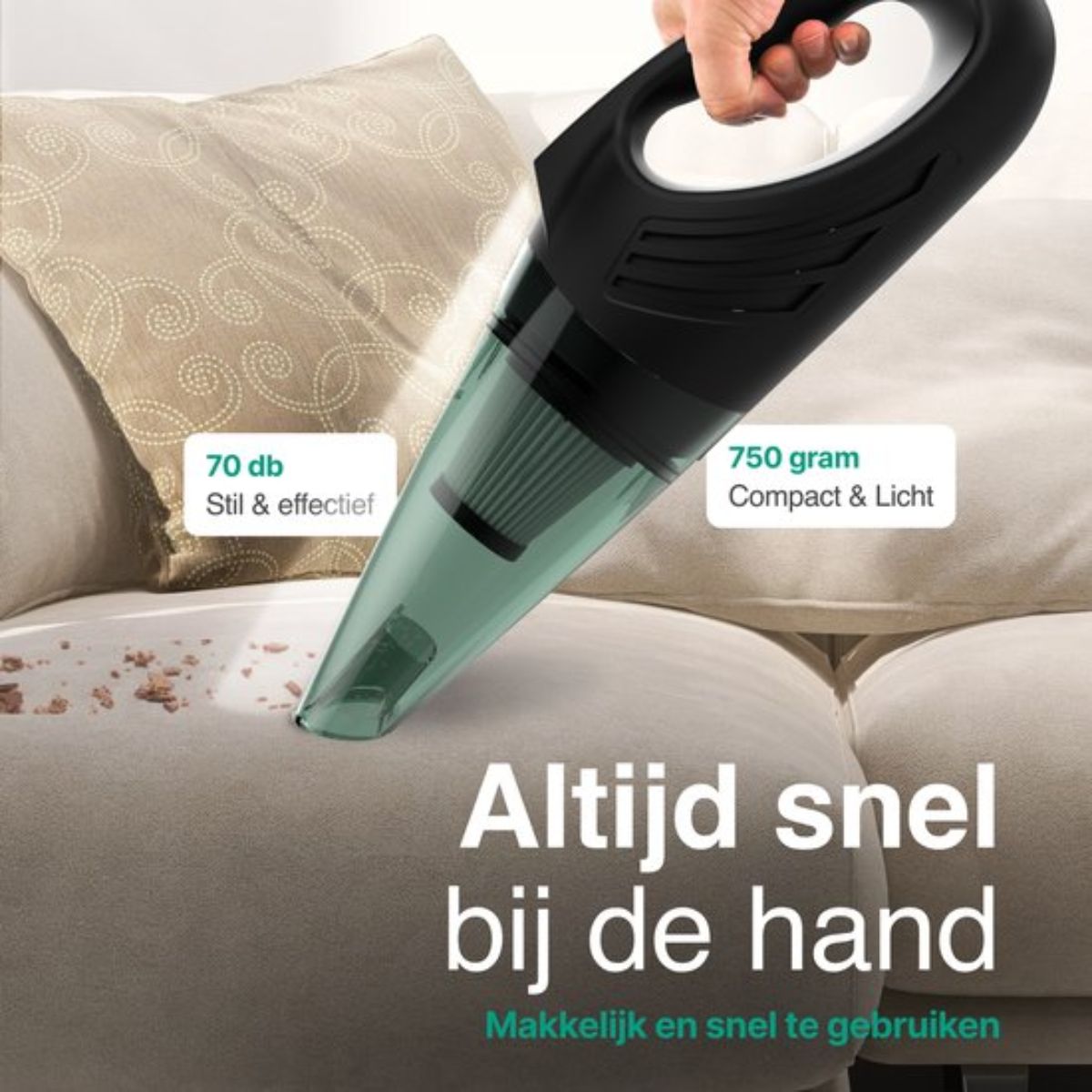 Kruimeldief Met Lamp- 100W - 5 Opzetstukken - Snoerloos - Kruimelzuiger - Handstofzuiger - Zwart/Grijs