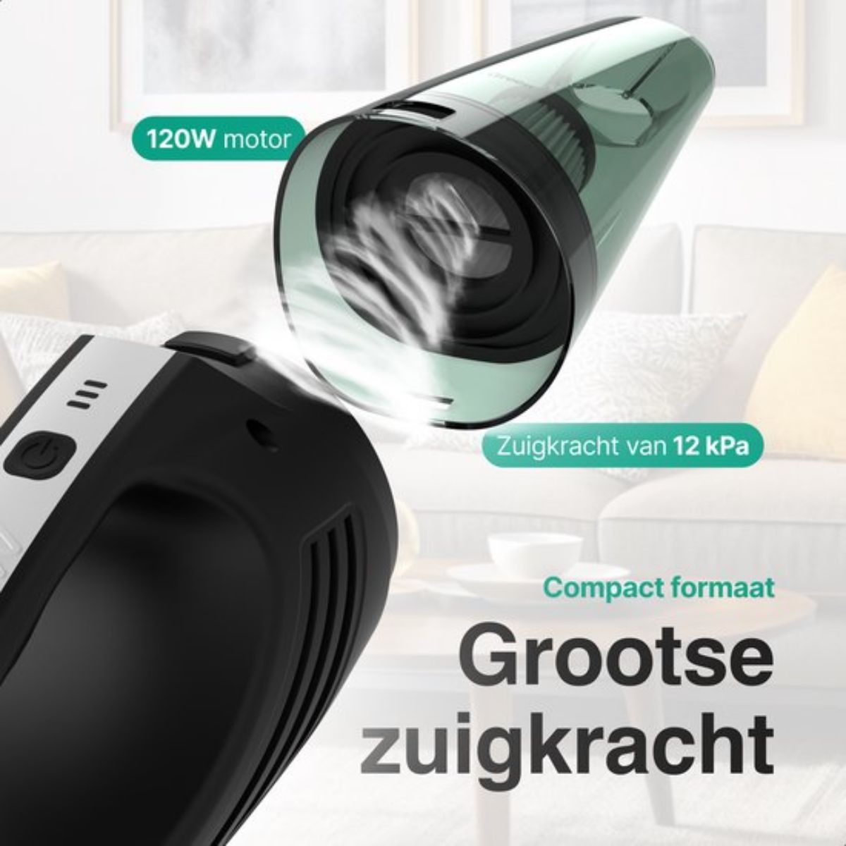 Kruimeldief Met Lamp- 100W - 5 Opzetstukken - Snoerloos - Kruimelzuiger - Handstofzuiger - Zwart/Grijs