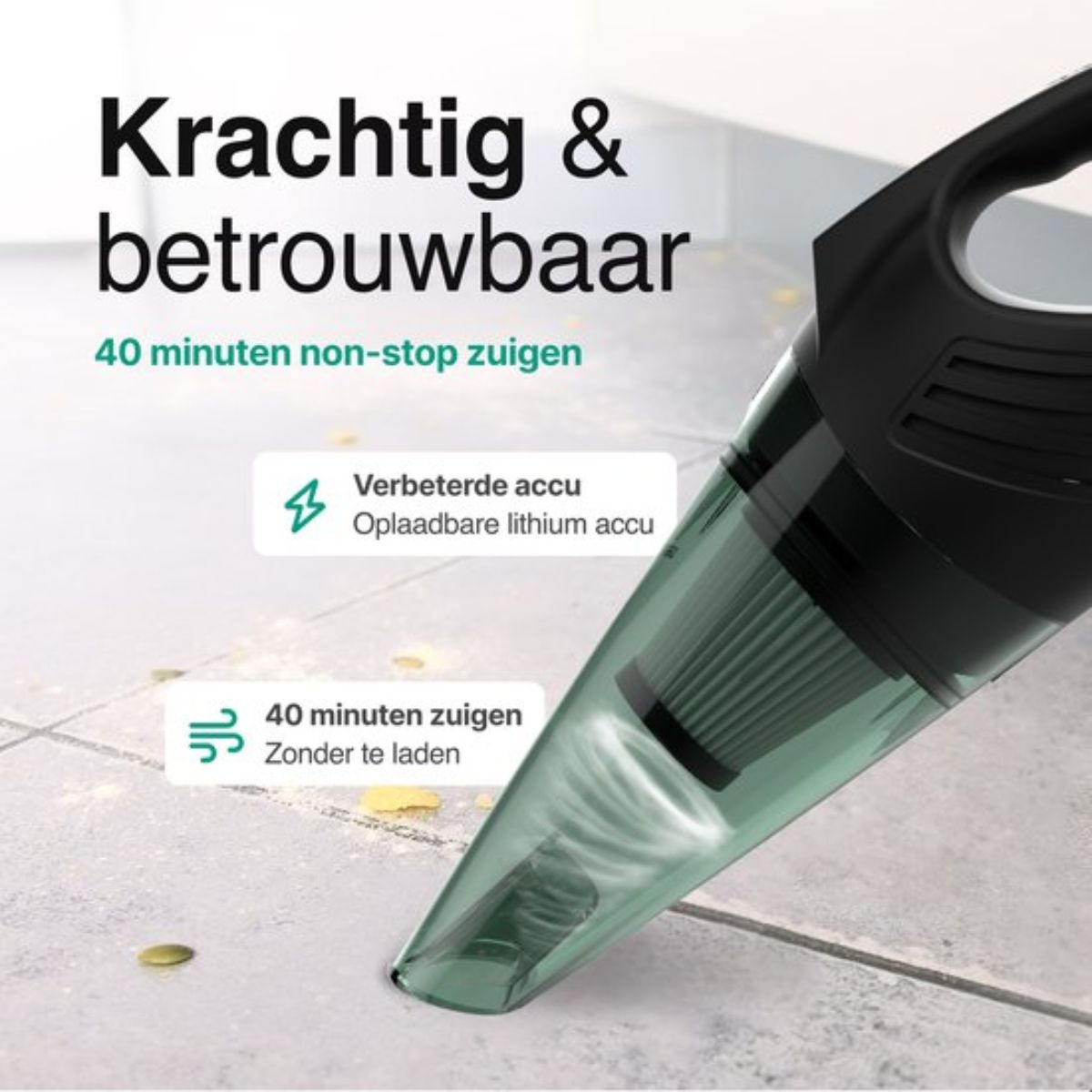 Kruimeldief Met Lamp- 100W - 5 Opzetstukken - Snoerloos - Kruimelzuiger - Handstofzuiger - Zwart/Grijs