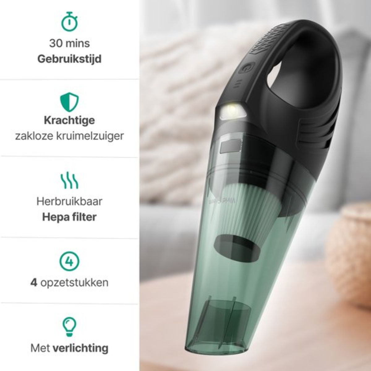 Kruimeldief Met Lamp - 100W - 5 Opzetstukken - Snoerloos - Kruimelzuiger - Handstofzuiger - Zwart